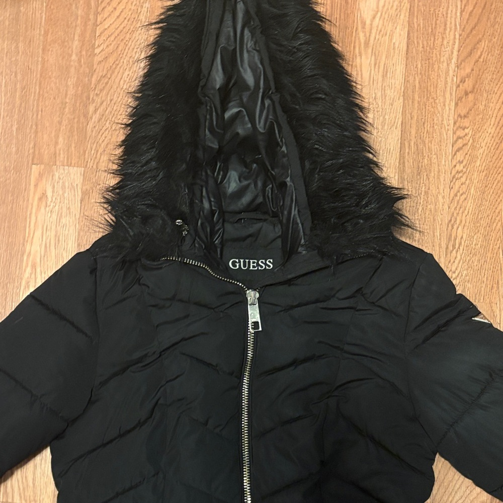 Guess Black Quilted Jacket with Faux Fur Trim